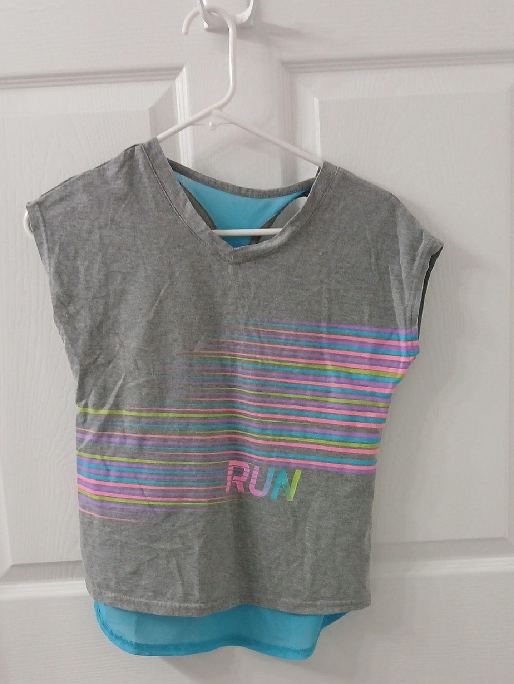 Girls' Gray Striped RUN Active Tank with Teal Layer Size M